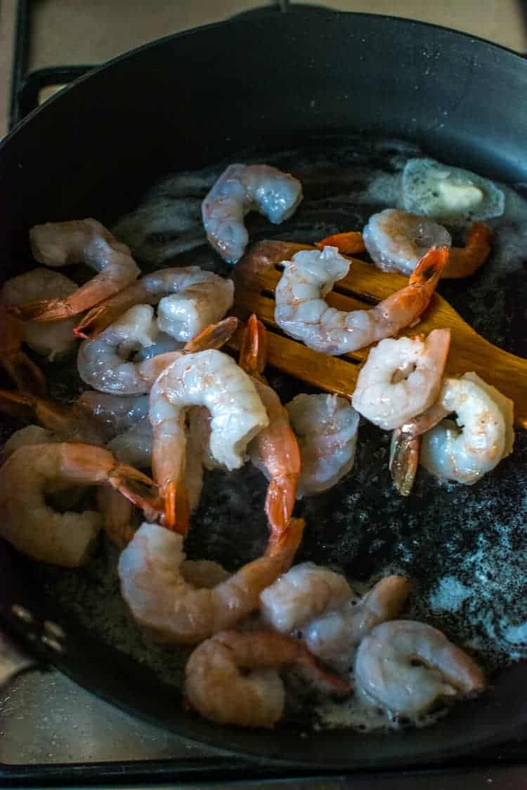 Shrimp sauteed in a stone frying pan Shrimp and Quinoa in a stone frying pan