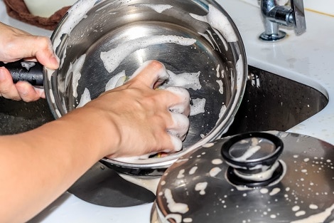Closeup,Washing,Frying,Pan,Pot,In,The,Sink